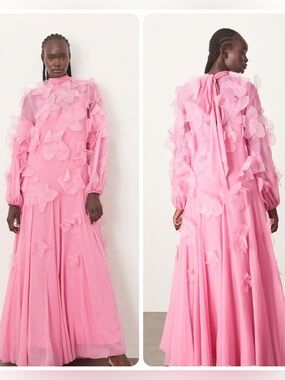 ARRANGE applique all-over floral tie neck trapeze maxi dress in pink Size US 8
